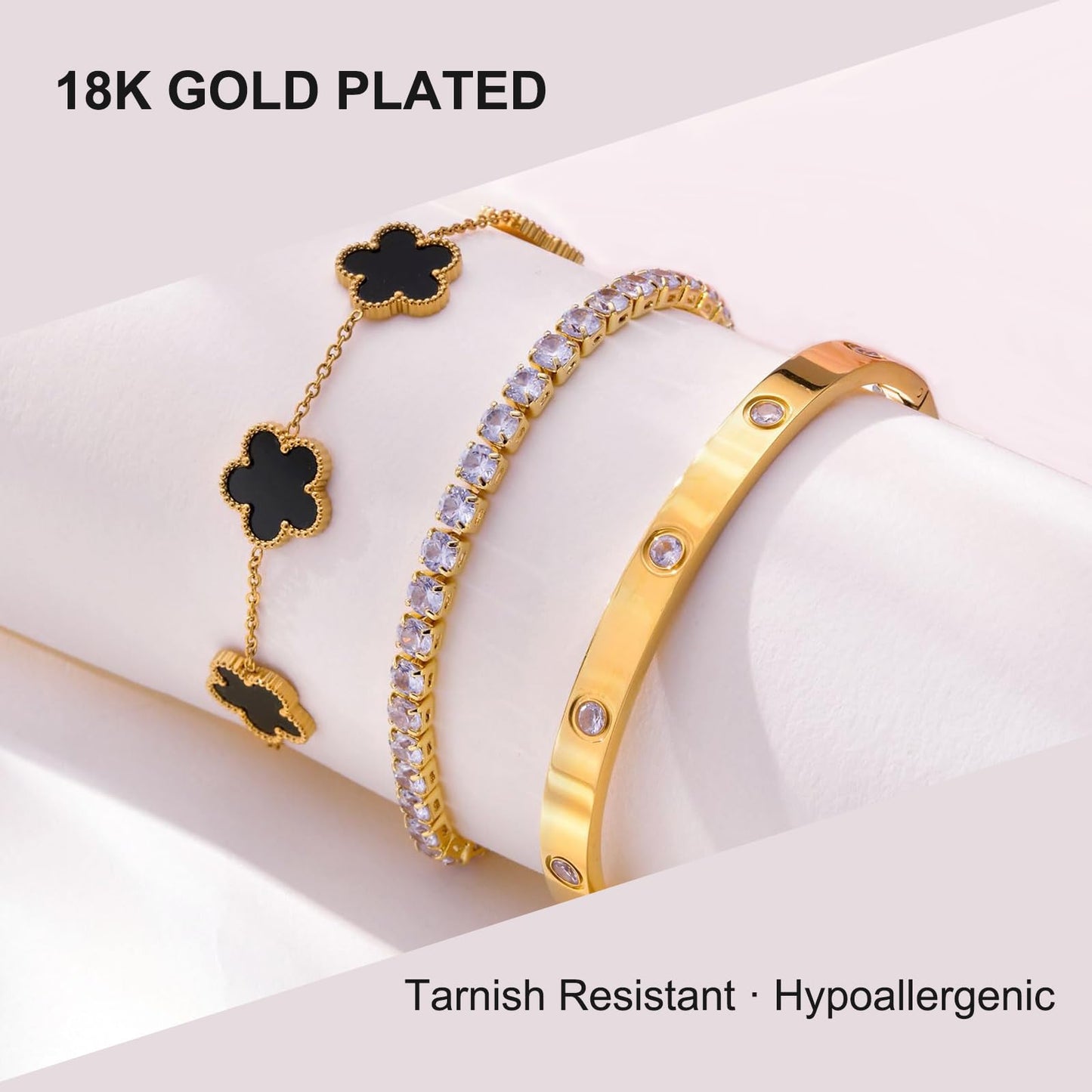 YOUNGGRACE 18K Gold Plated Bracelet Sets for Women - 3PCS Stackable Bracelets Including Bangle, Tennis Chain & Four Leaf Clover Bracelet, Elegant Gold Jewelry Set for Everyday Wear, Gift for Her