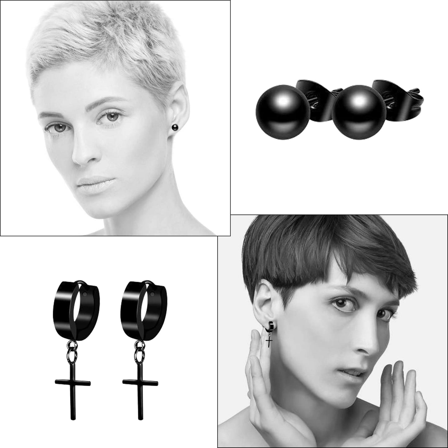 LEBOCADO 10 Pack Men Earrings Set Black and Sliver Earrings for Men Women, Stainless Steel Hoop Stud Earrings Fashion Piercing, Punk Earrings with Storage Boxes
