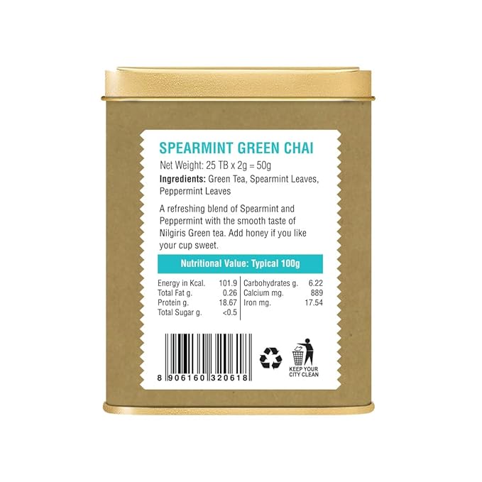 Iron Kettle Spearmint Green Tea | High Grown Green Tea bag blended with natural Spearmint & Peppermint leaves | Sourced exclusively from small tea growers with higher fine leaf count | 25 Tea bags