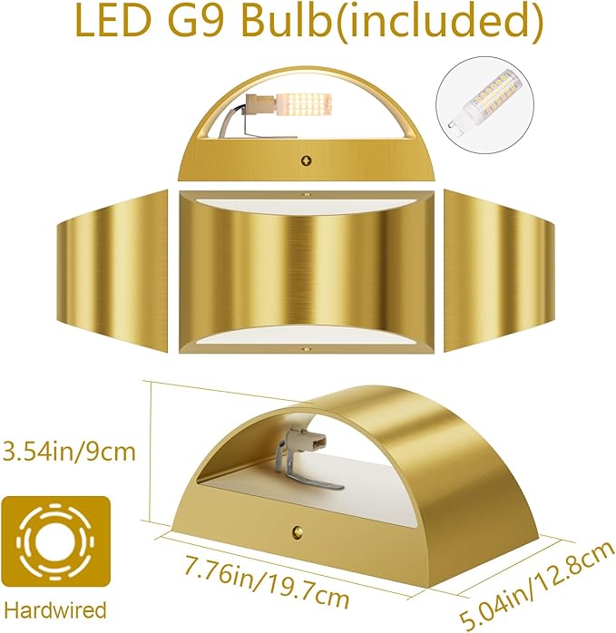 Aipsun Brushed Brass Wall Sconce Indoor Wall Lights Hardwired 1 Pack Up and Down Wall Mount Light for Living Room Bedroom Hallway Corridor Conservatory Cool White 6000K(with G9 Bulbs)