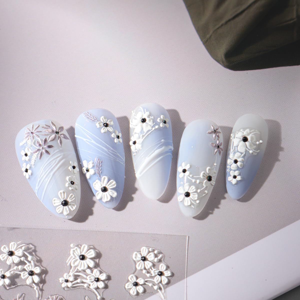 3 Sheets Flower Nail Art Stickers Decals 5D Self-Adhesive Nail Decals Spring/Summer White Fringed Iris Designs, Self-Adhesive Decals for Women's Nail DIY Decoration