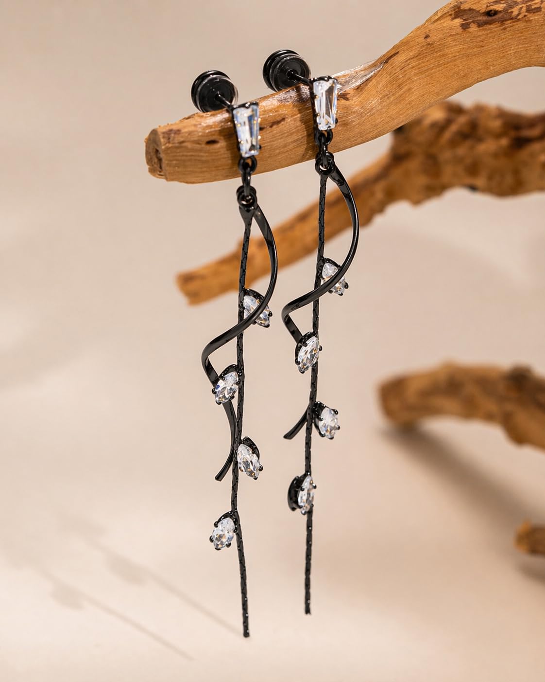 PRTGL Dangle Earrings for Women - Black Long Twist Tassel Dangle Earrings with Tiny Cubic Zirconia