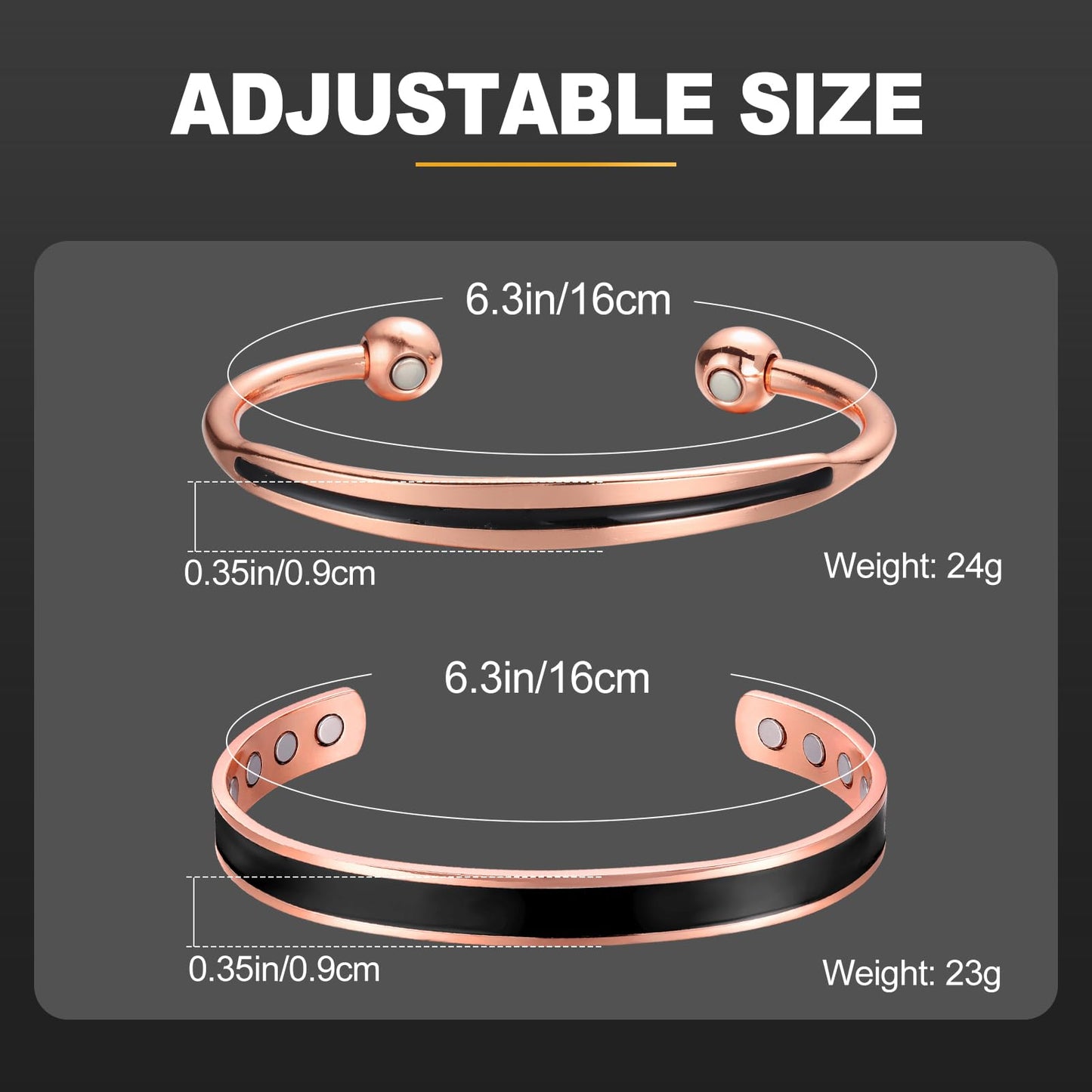 BioMag 2Pcs Copper Bracelets for Women Men, 99.9% Pure Copper Magnetic Bracelet Cuff Bangle with 8Pcs Magnets, Adjustable Jewelry Gifts