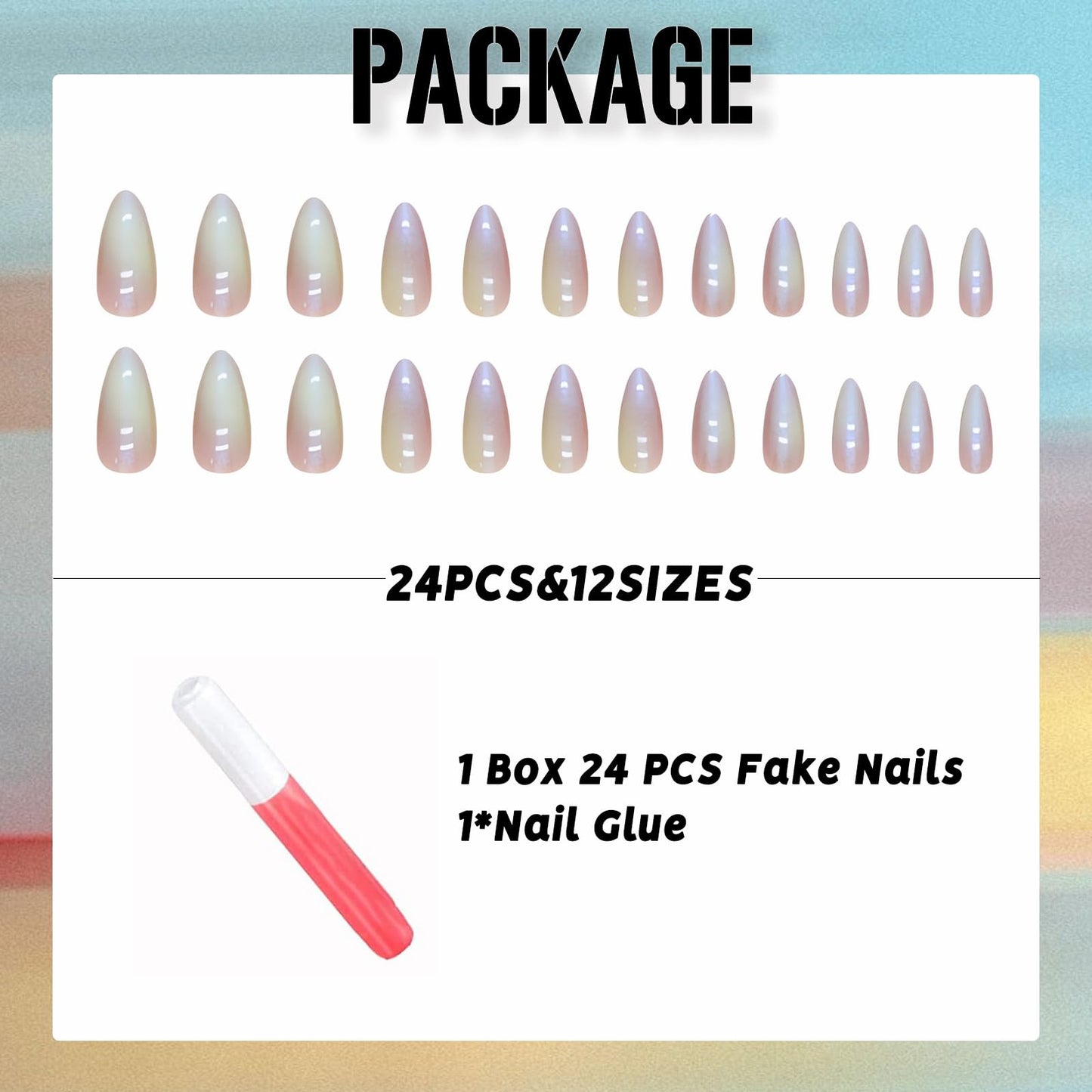 IMSOHOT Almond Press on Nails Medium Aurora Fake Nails Glossy Full Cover Acrylic False Nails Stiletto Chrome Artificial Glue on Nails for Women and Girls 24pcs
