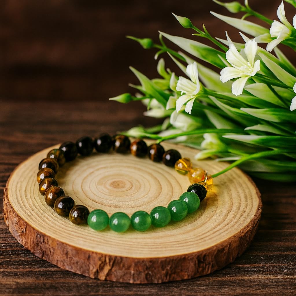 PRECIOUS PEBBLE Wealth & Confidence Bracelet for Men & Women, Natural Pyrite, Green Aventurine, Hematite & Citrine Beads – 8mm Adjustable Stone Bracelets for Focus, Style, Clarity & Everyday Wear