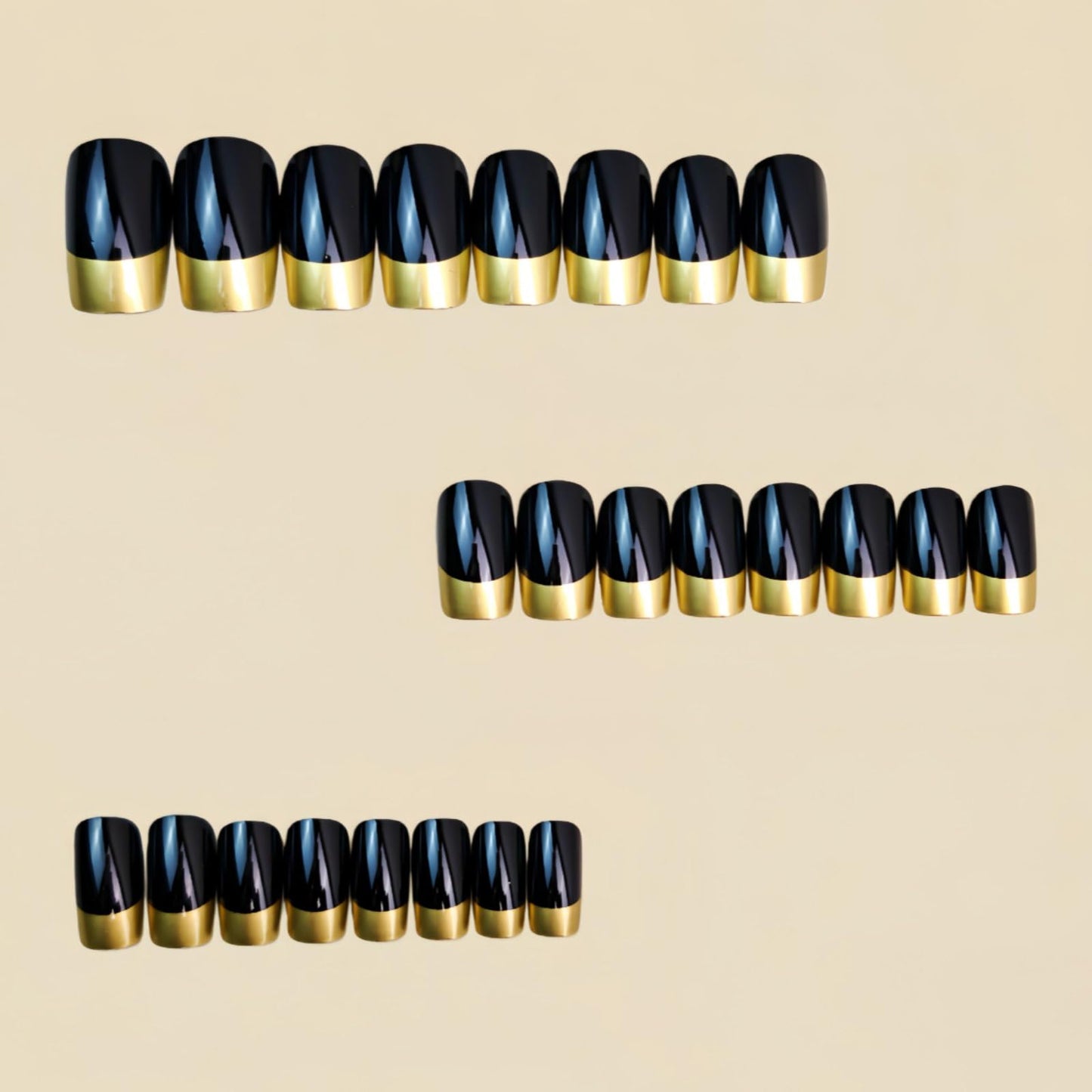 French Tip Press on Nails Square Shape Fake Nails Medium False Nails Gold Nail Tip Black Acrylic Nails Full Cover Glossy Stick on Nail Spring Summer Holiday Glue on Nails for Women Manicure 24 Pcs
