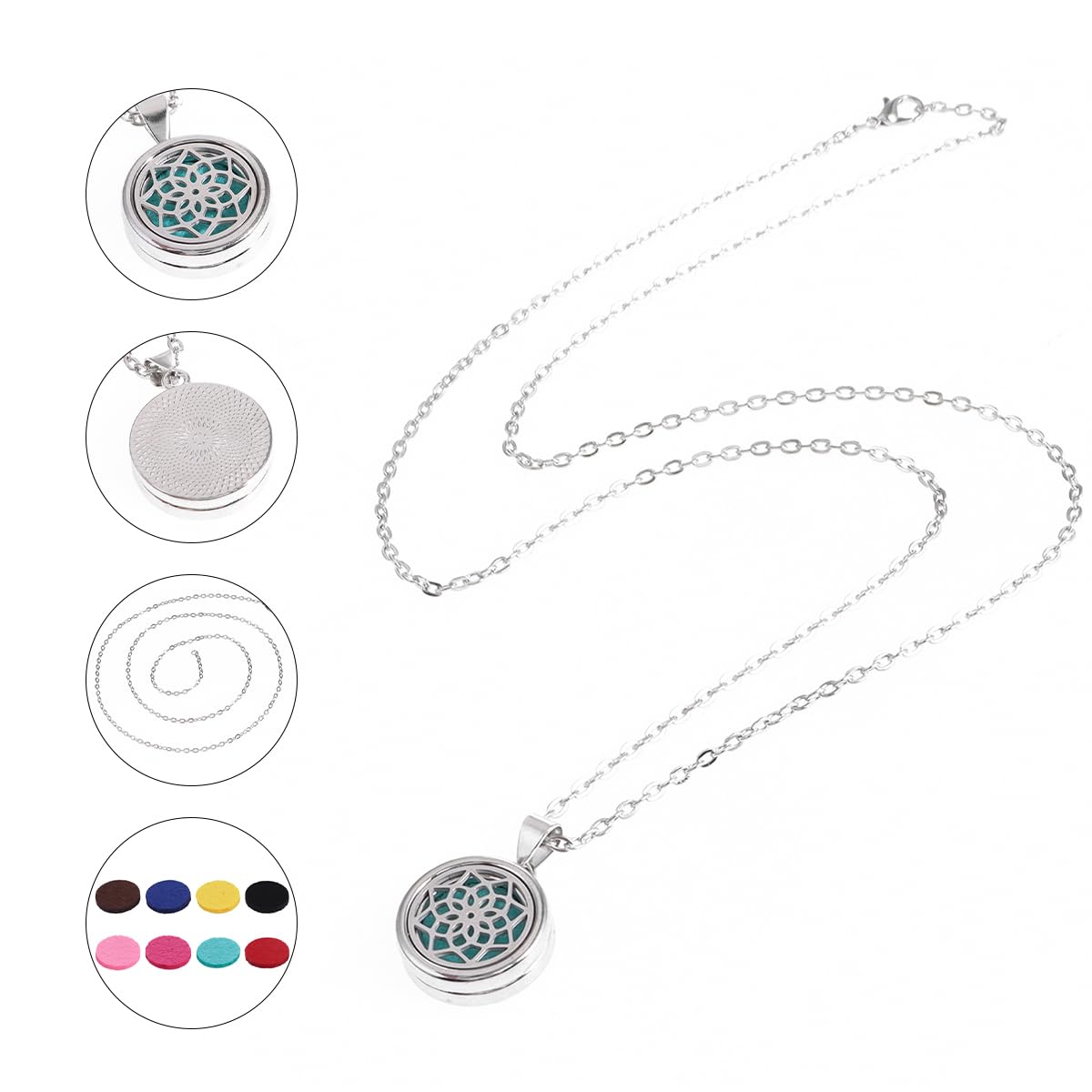YWLI Essential Oil Diffuser Necklace Aromatherapy Locket Pendant Necklace Stainless Steel Necklace Pendant with 10 Pcs Refill Pads