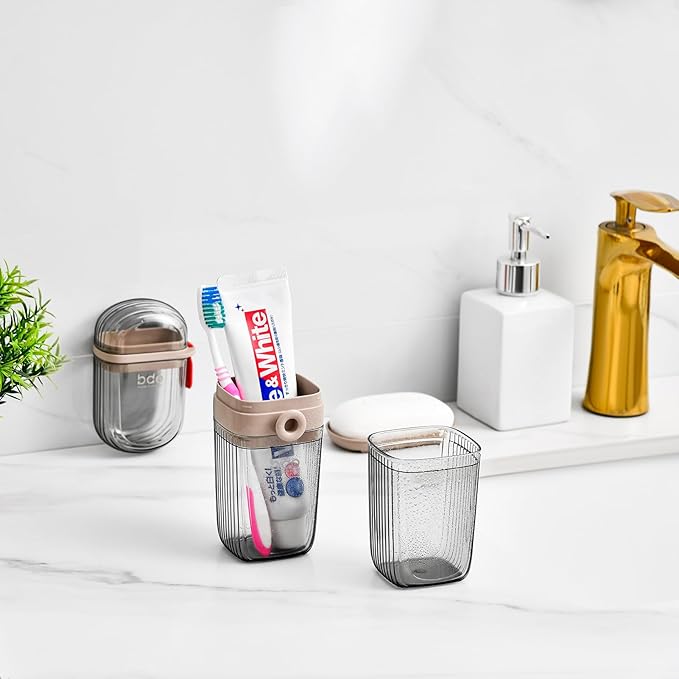 VITVITI Gray Toothbrush Travel Case, Portable Leakproof Travel Soap Container Dish Tray, 7.88 inch Toothpaste Toothbrush Holder with Cover for Trip/Bathroom/Camping