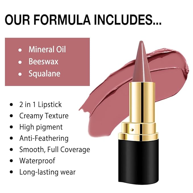 evpct 3Pcs Antique Dusty Rose Nude Pink Brown Gradient Matte Lipstick Lip Liner Crayon Combo Pencil Set for Women Long Lasting, Cream Lip Liner and Lipstick Combo Makeup，Flawless Gradual Ombre Effect