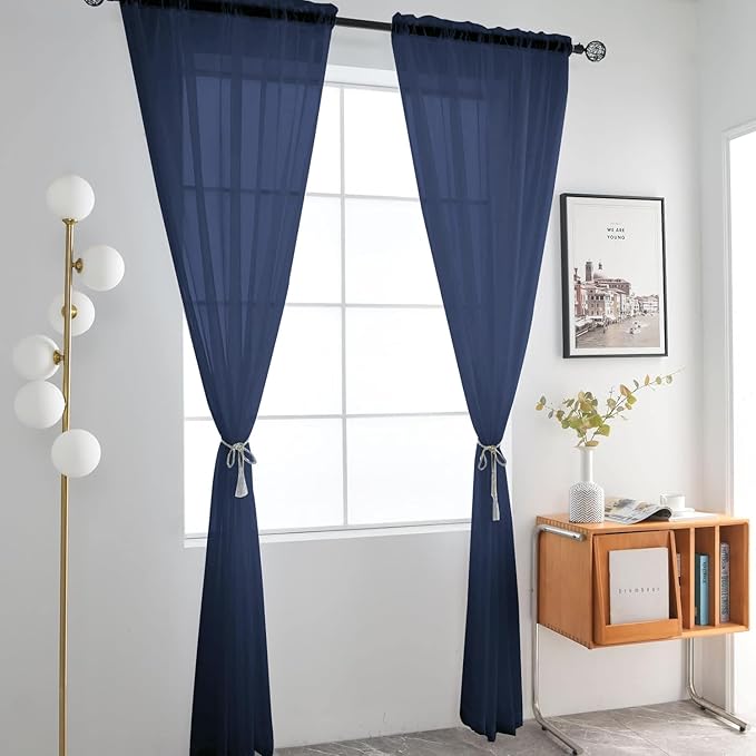 SpaceDresser Sheer Voile Window Treatment Rod Pocket Curtain Panels for Kitchen Bedroom Living Room Drapes Sunlight Filtering Privacy Semi Home Decor Assorted Colors Sizes (Navy, 52 W x 45 L)