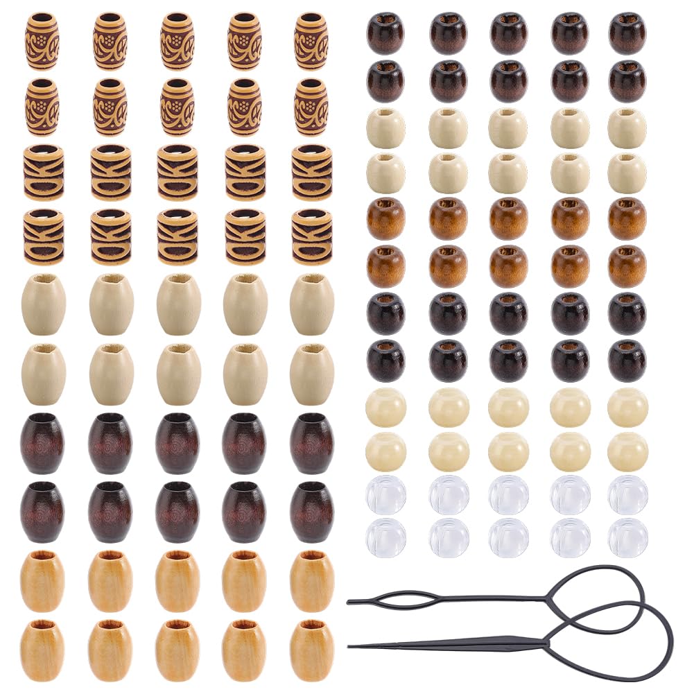 PH PandaHall 190PCS Wooden Hair Braid Beads 10 Styles Loc Dreadlock Jewelry African Tube Bead Rondelle Beads Large Hole Macrame Bead with Plastic Hair Braiding Tool for Jewelry Making Necklace