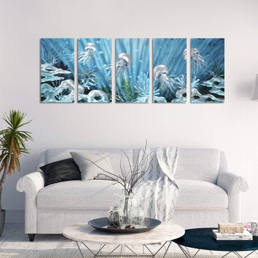 Yihui Arts Blue Deep Ocean Extra Large Jellyfish Metal Wall Art, in Modern Ocean Design, 3D Wall Art for Modern and Contemporary Decor, 5-Panels, Metal Wall Decor Works Indoors and Outdoors
