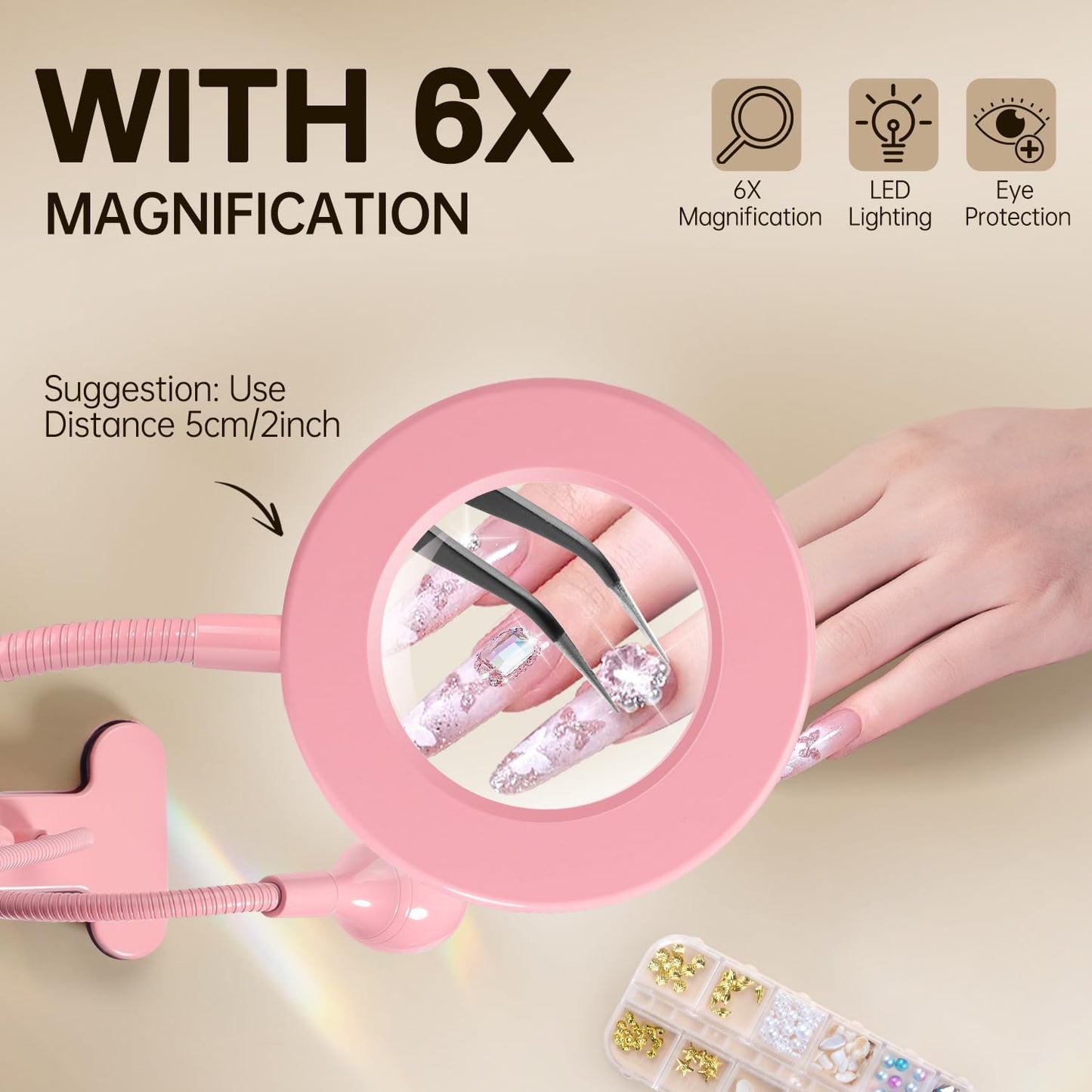 AORAEM LED UV Nail Lamp: Double-Headed Gooseneck Lamp for Gel Nails, LED Flash Cure Light with 6X Magnifier Home DIY Salon, Pink