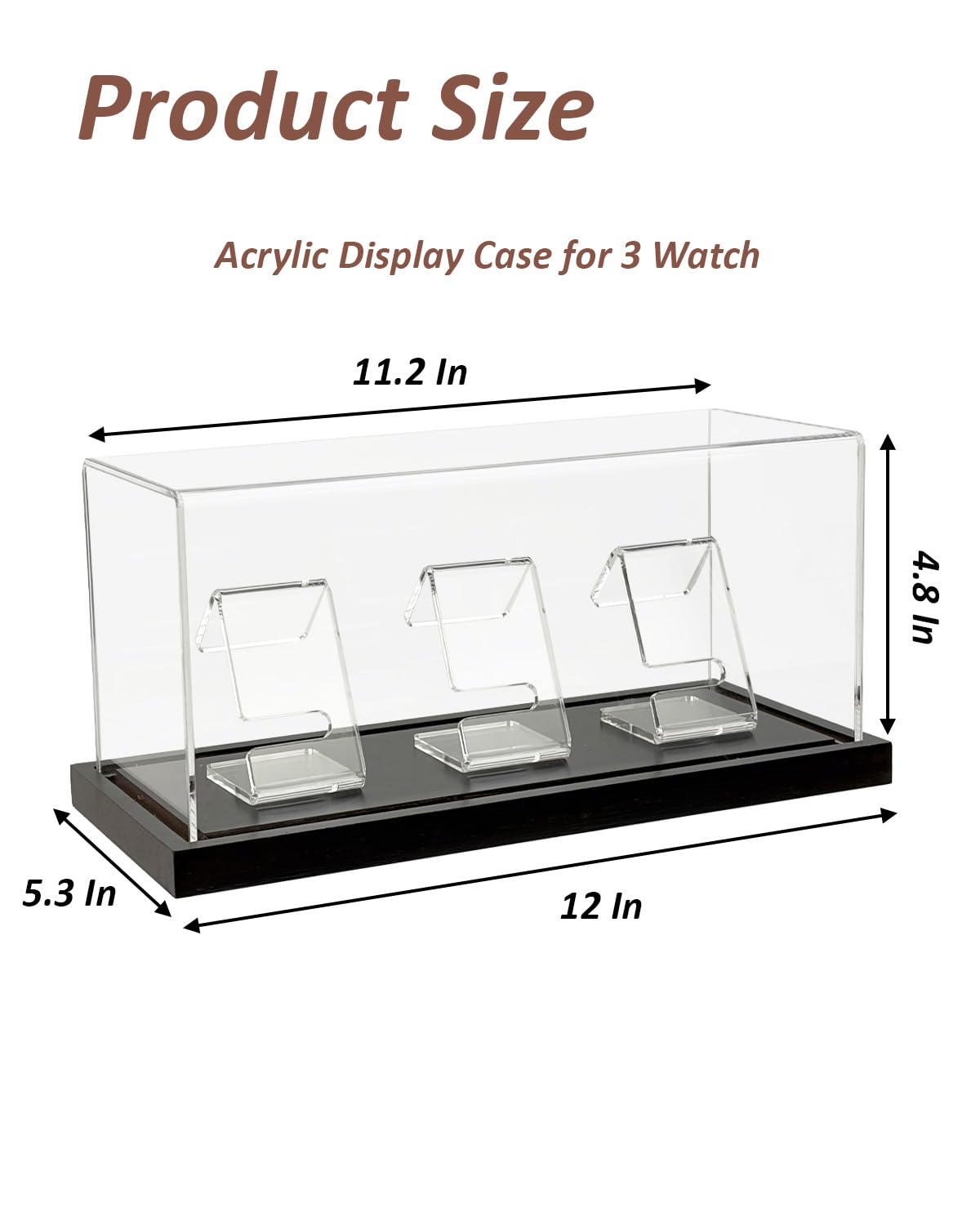 VINJKZQ Acrylic Watch Display Case for 3 Watches, Premium 3mm Thick Dustproof Collector's Box with Solid Wood LED Light Base, USB Powered Watch Holder Organizer Stand