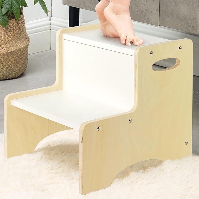 WOOD CITY Kids Step Stool for Toddler, Wooden Natural-White Patchwork Two Step Children's Stool with Handles, Bonus Non-Slip Pads for Safety, Bathroom Potty Stool & Kitchen Step Stools Dual Height