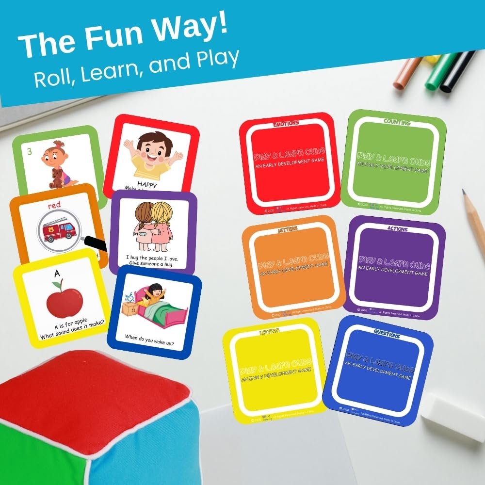 Thought-Spot Play & Learn Cube | Roll and Play Game for Toddlers | First Educational Game Ages 18+| Teaches Colors, Numbers, Letters, Emotions | Soft Cube with Activity Cards | Speech Therapy