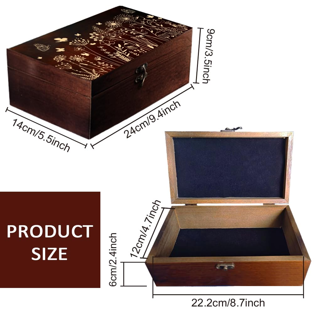 arricraft 1 Pc Wooden Memory Keepsake Box, Wildflower Cluster Butterflies Engraved Pattern Rectangle Pine Tarot Box for Anniversary Jewelry Board Storage (9.45x5.51x3.54 Inch)