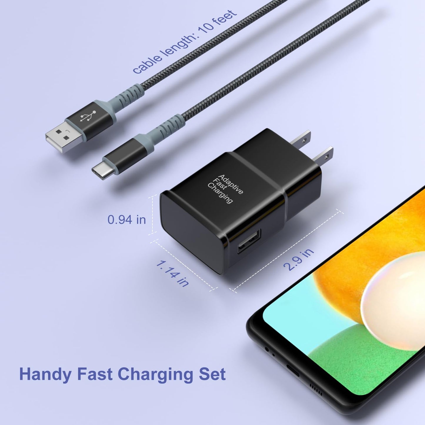 Adaptive Fast Charging Wall Charger with USB C Cable 10ft, Excgood USB Fast Charger Type C Charger Compatible for Galaxy S25 S24 S23 Ultra A15 A13 A03s A53 S22 S21 S20 S10 S9 Android Phone-2Pack,Black