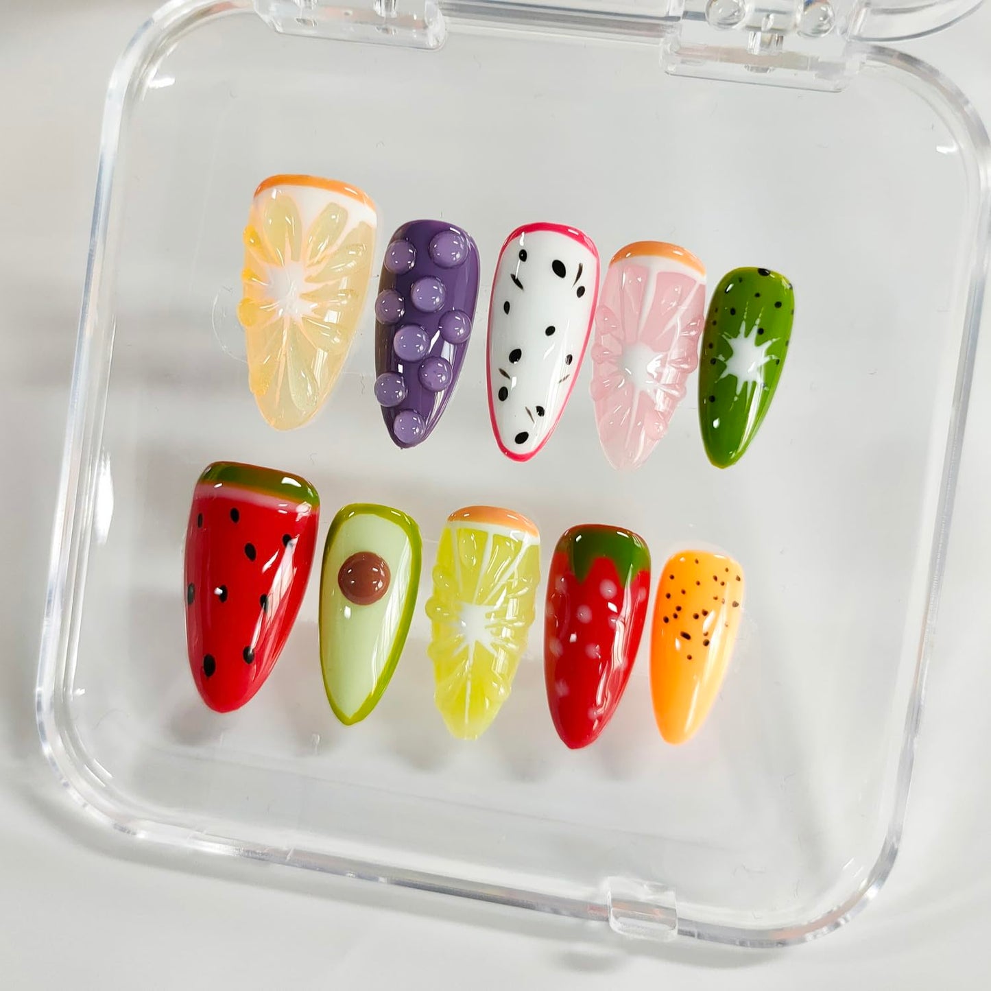 Handmade Nails 3D Fruit Almond Press on Nails Medium Length Cute Thick Acrylic Fake Nails Summer False Nails with Strawberry Kiwi Designs Colorful Nail Art Press on Nails 10Pcs(M)