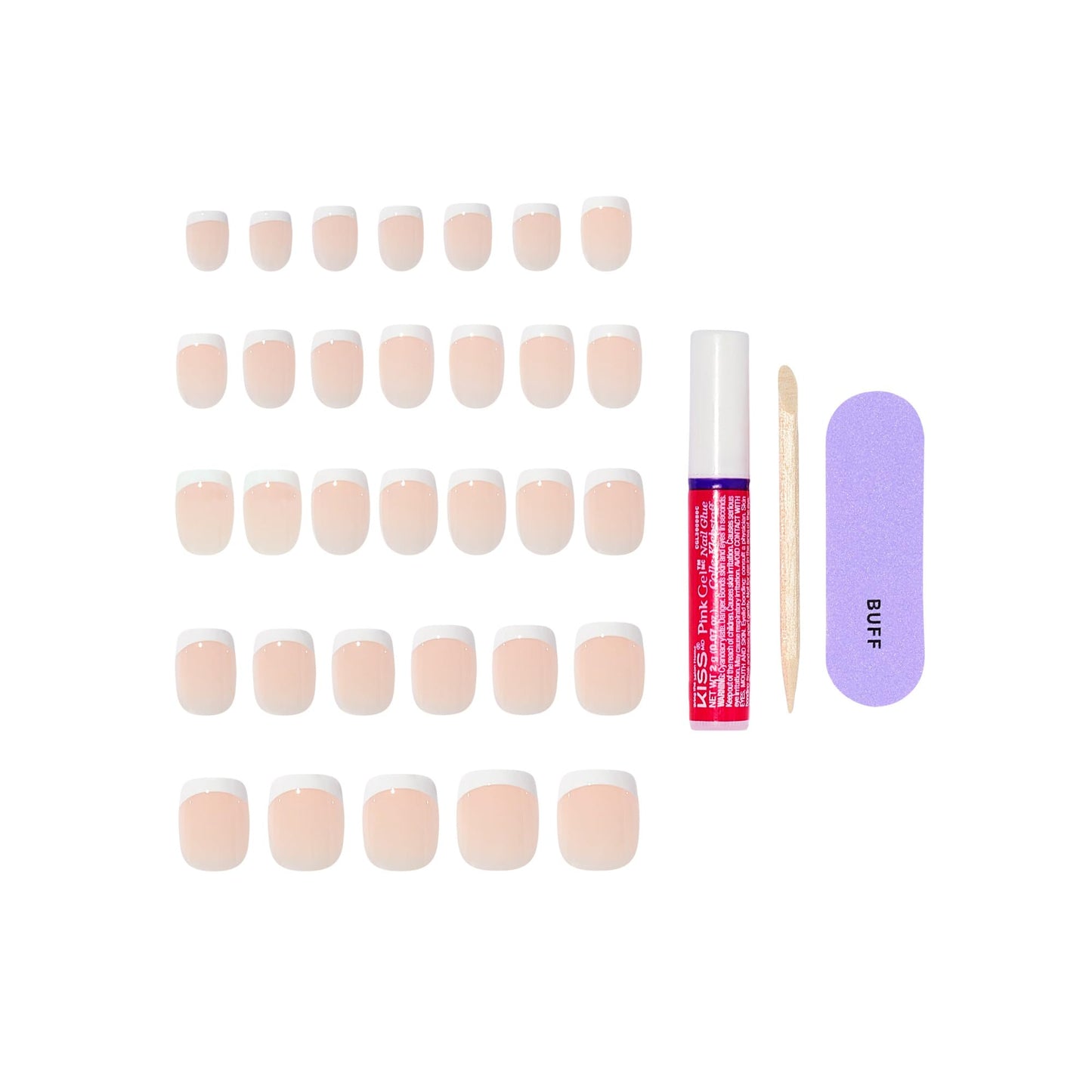 Kiss Core, Press On Nails, Nail glue included, 'Perfection', White, Petite Size, Squoval Shape, Includes 32 Nails, 2g Glue, 1 Manicure Stick, 1 Mini File