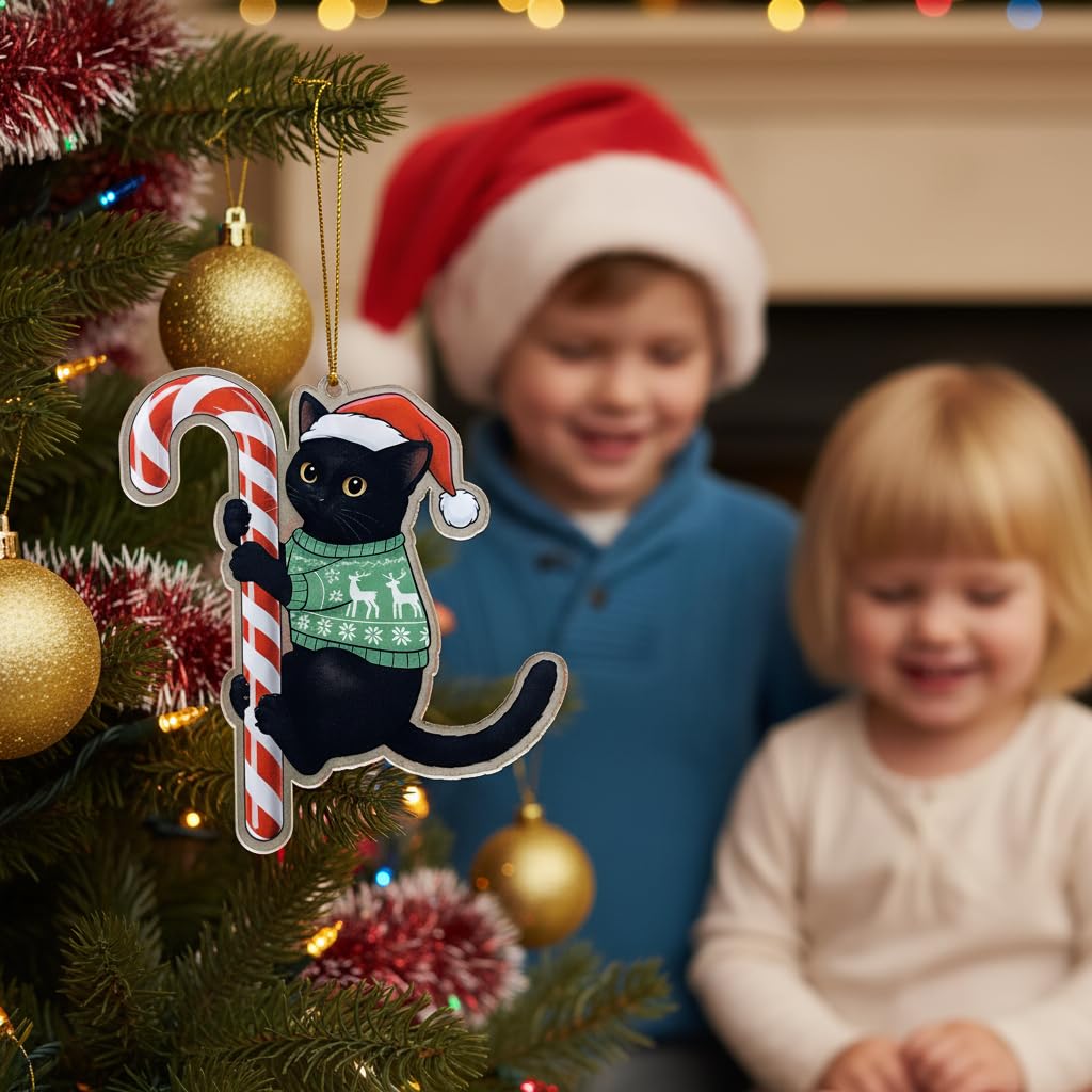 Black Cat Christmas Ornament Hugging Candy Cane 2D Flat Acrylic Ornament - Cute Ornaments for Christmas Tree, Black Cat Ornaments for Women, Men 2025