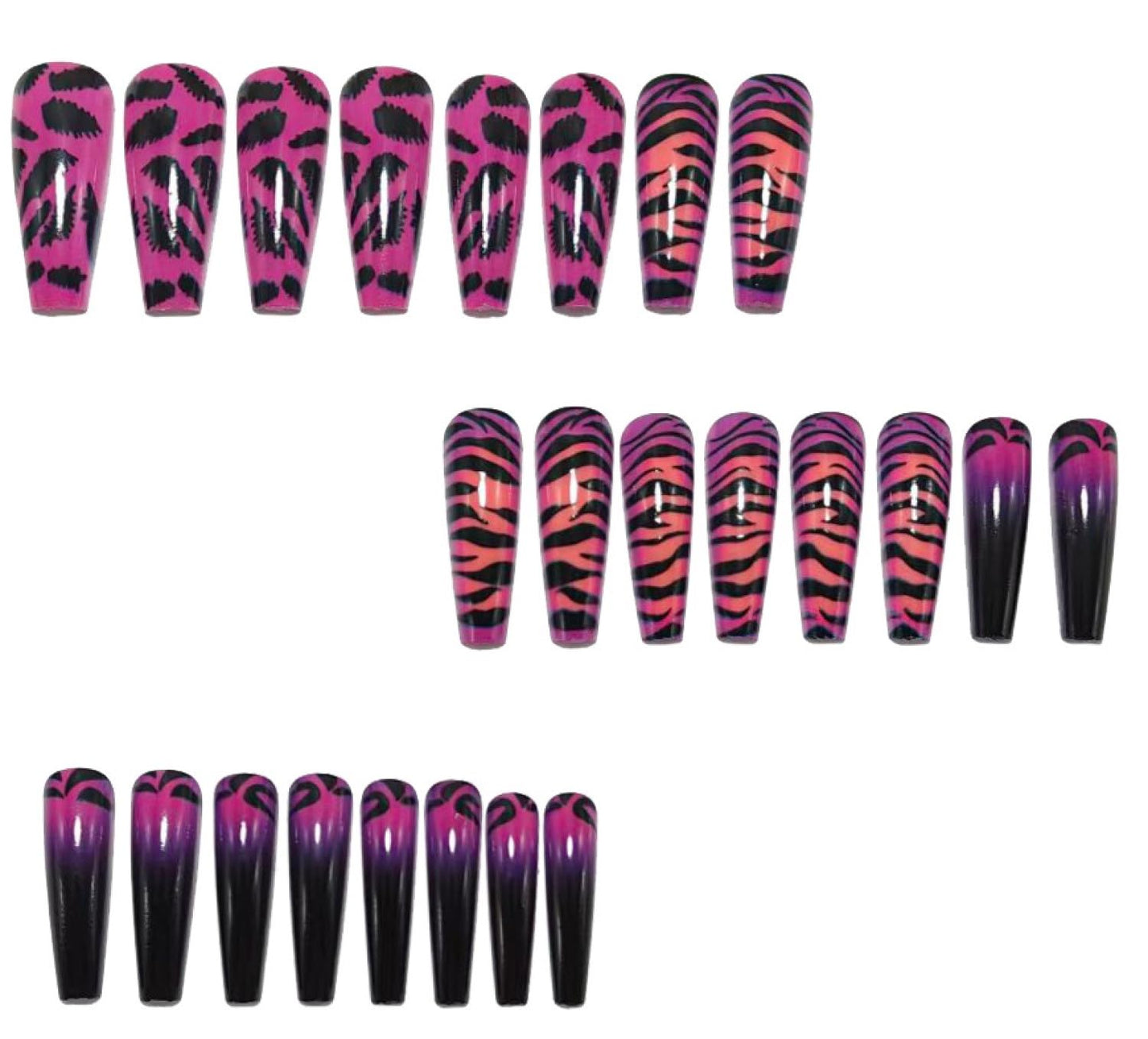 Chunmeng 24PCS Long Press on Nails, Purple Pink Tiger Pattern Acrylic False Nails, Cute Reusable Artificial Nails for Women & Girls
