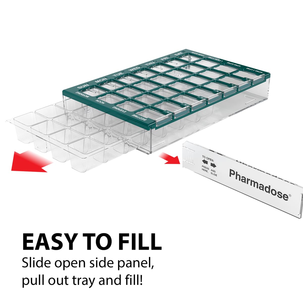 EZY DOSE Weekly AM/PM (7-Day) Daily Pharmadose Pill Planner, Medicine Case, Vitamin and Supplement Organizer, Small Easy Fill Compartments, 4 Times a Day, 28 Compartments, Green, BPA Free