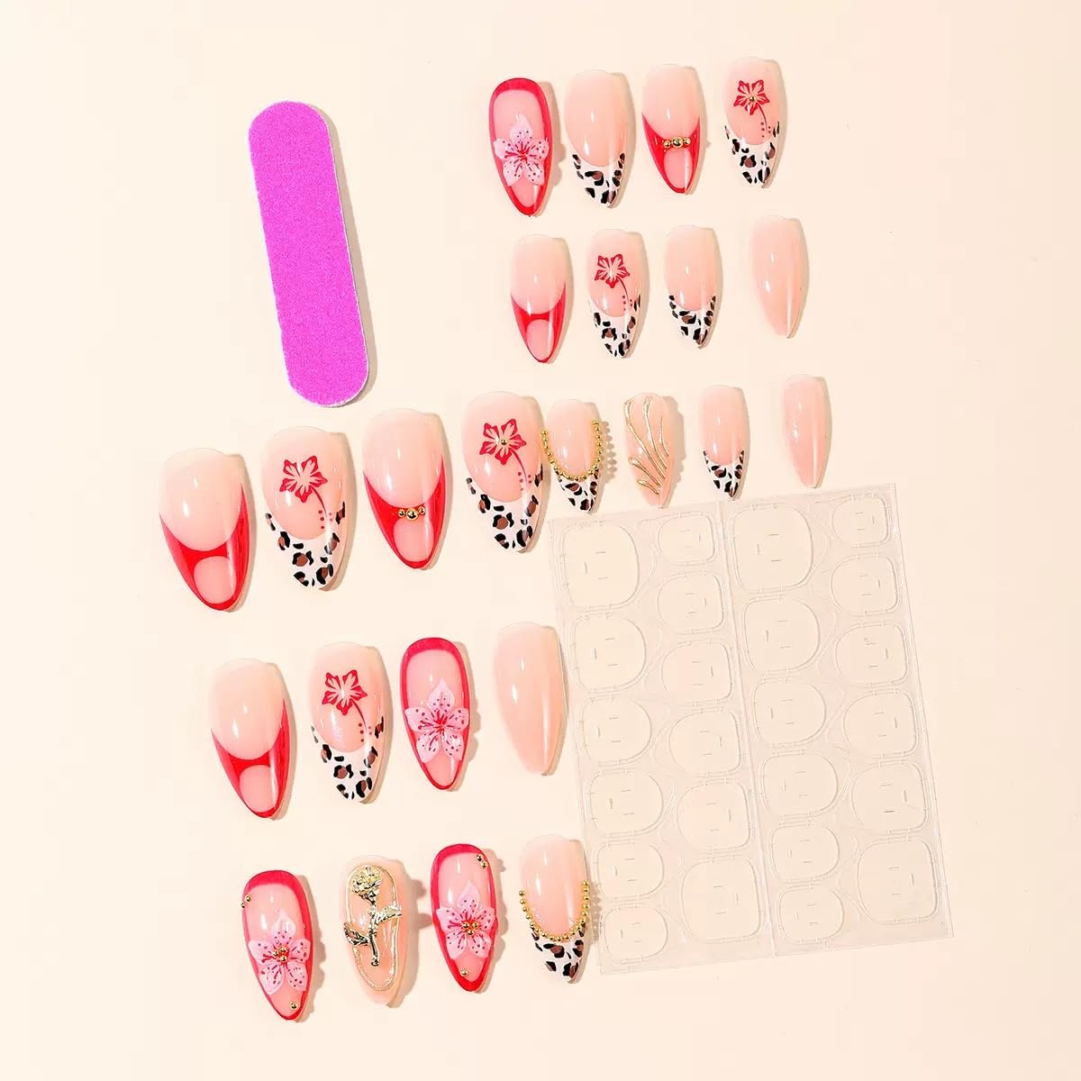 Almond Press on Nails Medium - Flower Fake Nails with 3D Gold Design - Ombre, French Tip False Nails for Women - 24 Pcs