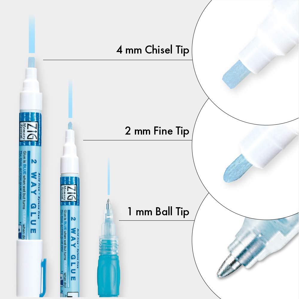 Kuretake Zig 2 Way Glue Pen 3 Variety Set, Adhesive for Professional,Artists, Crafting, Scrapbooking, Gift Card, Made in Japan