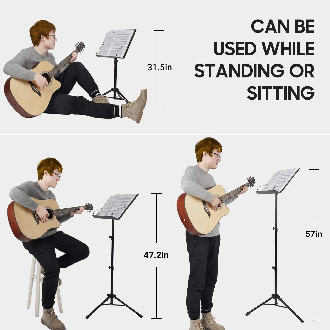 CAHAYA Music Stand for Sheet Music - Dual-use Converts to Desktop Stand Portable& Foldable 31.4-57in Height Adjustable Sturdy to Holds Thick Book or Tablet Include Carrying Bag Sheet Music Folder Clip