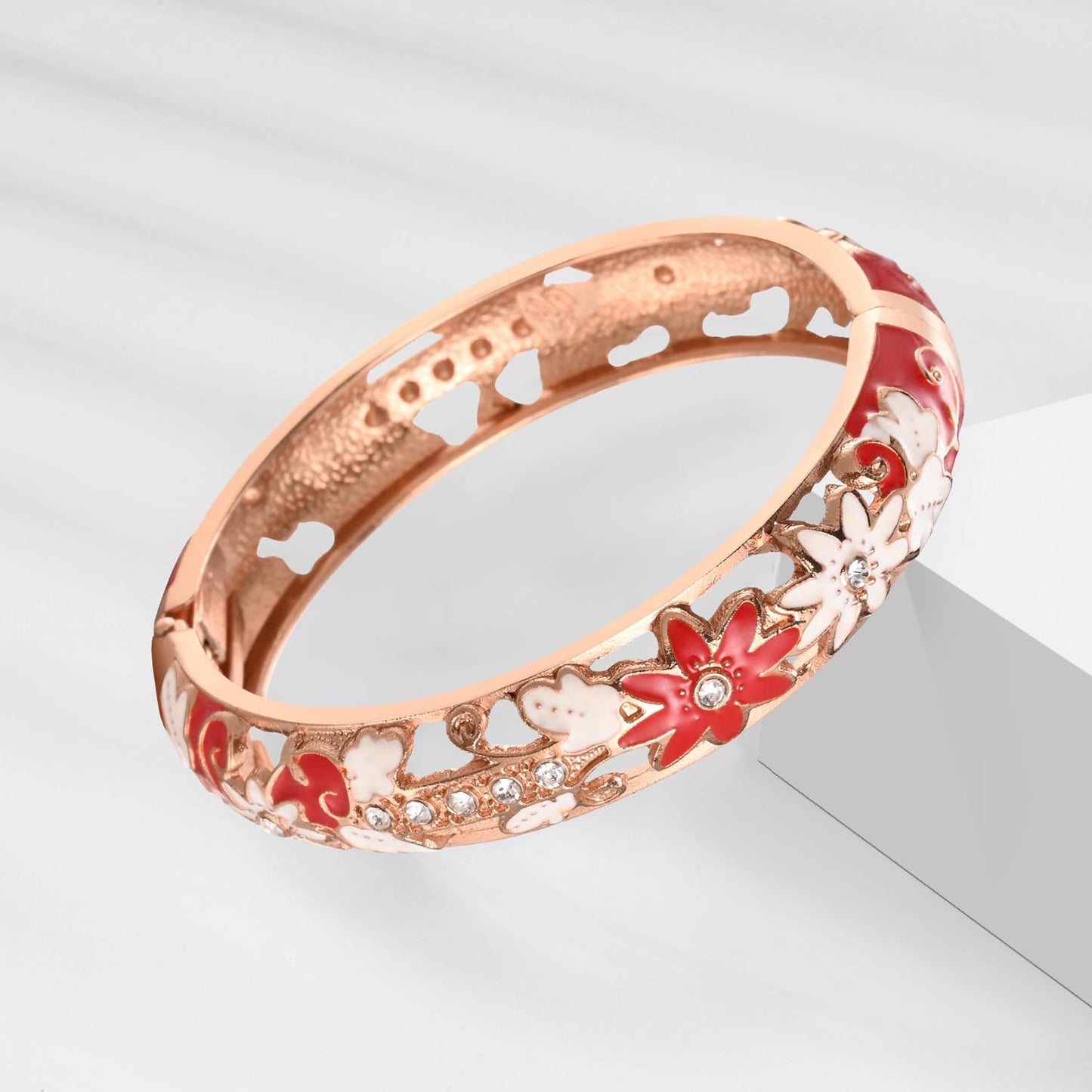 UJOY Vintage Jewelry Cloisonne Handcrafted Enameled Gorgeous Rhinestone Butterfly Gold Hinged Cuff Bracelet Bangles Gifts 88C11-3PCS red