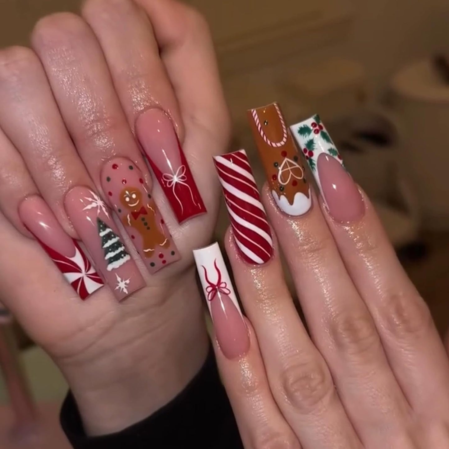 IMSOHOT Christmas Press on Nails Long Square Fake Nails Xmas Red False Nails Full Cover Acrylic Winter Cute Stick on Nails for Women 24Pcs
