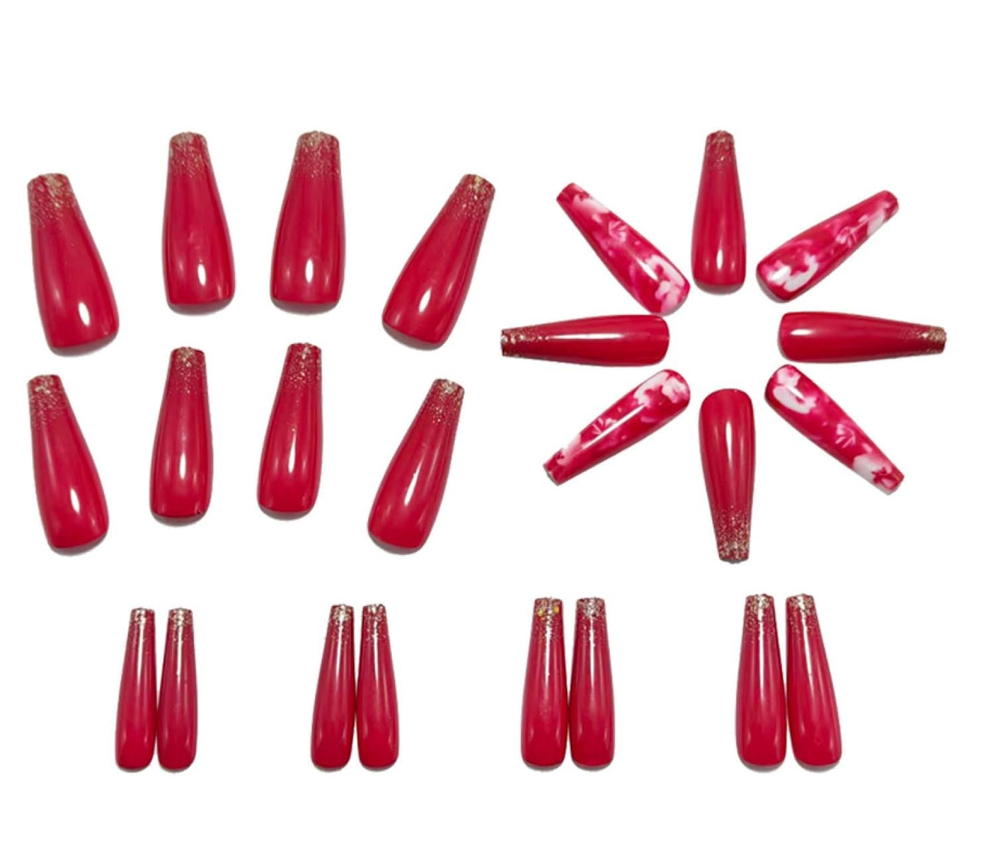 Chunmeng 24 Piece Long Ballet Armor Valentine's Day Rose Red Flower Sparkling Powder Detachable Nail Pressing Smooth, Fashionable Women's Artificial Nails Can Be Reusable