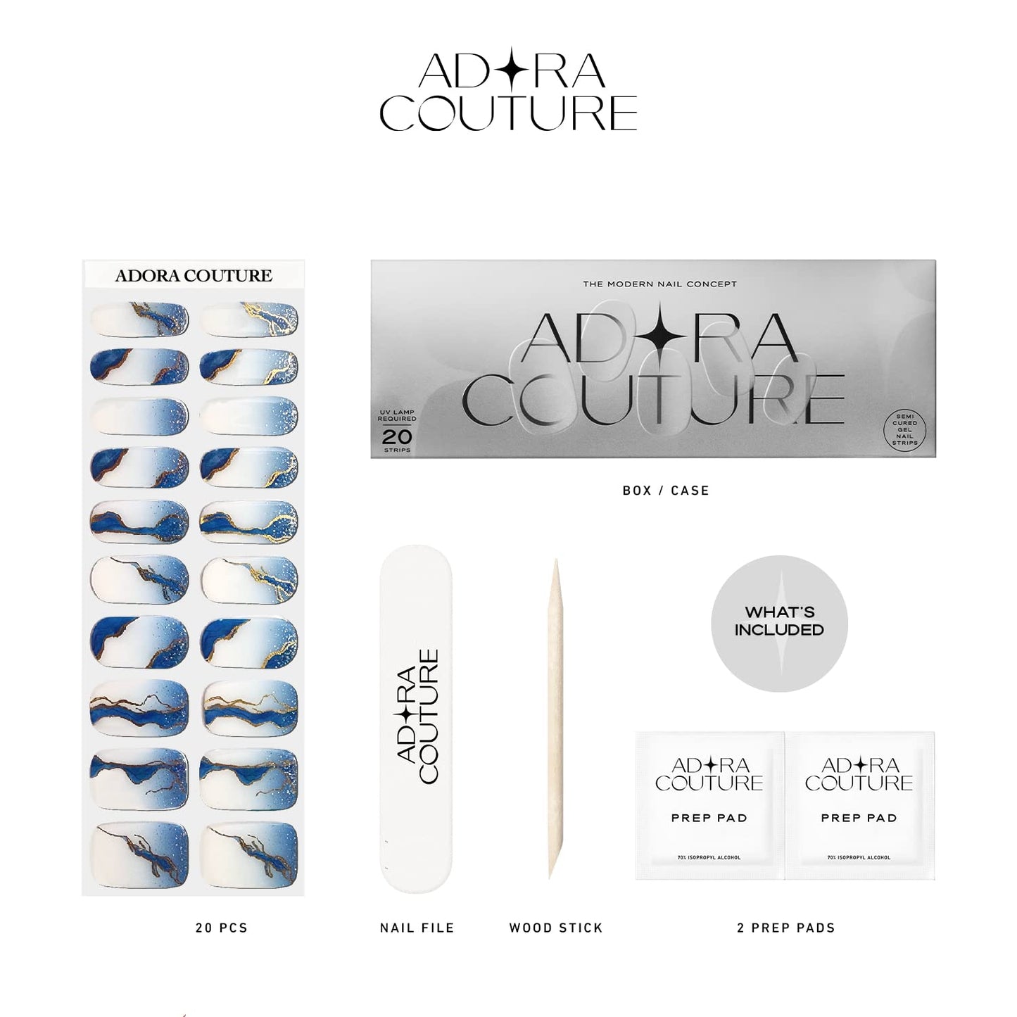 Semi-Cured Gel Nail Strips - 20 Salon-Quality Gel Sticker with UV Light Required, Long Lasting, Easy Application & Removal, Includes Prep Pad, Nail File, Wooden Stick (Blue Oceanwave)