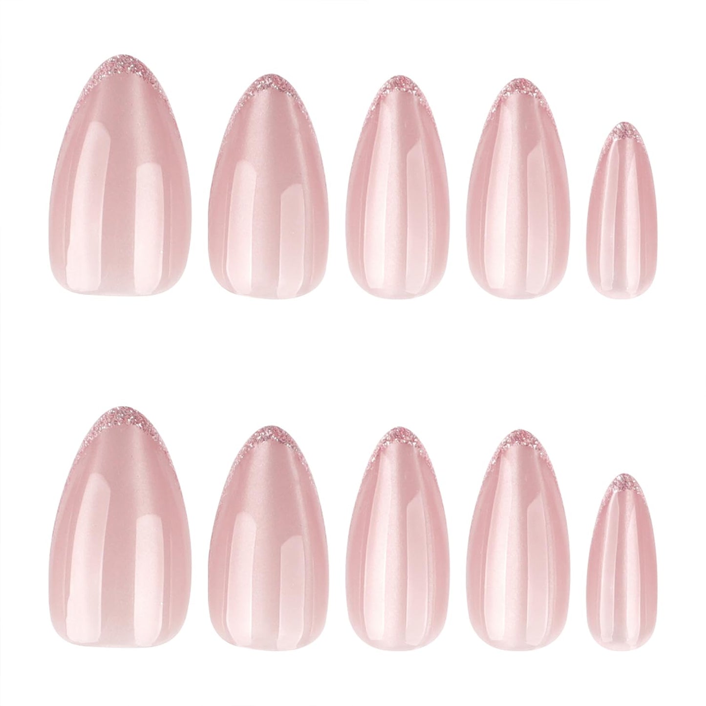 24PCS Soft Gel Press On Nails Almond Nude Pink with Subtle Glitter French Tip, Natural Glossy Glue On Nails, Reusable Fake Nails for Women