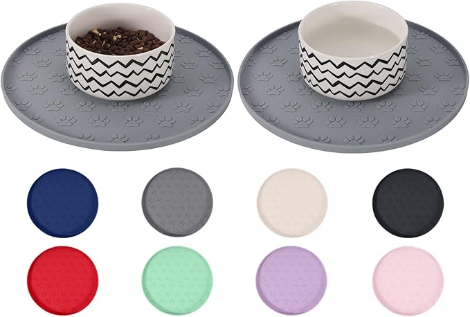 Comtim Waterproof Dog Food Mat - 2 Pack Silicone Pet Food Mat Dog Food Bowl Mats Cat Water Mats Eating Tray, Non-Slip Pet Placemat with Lip for Messy Drinkers to Protect Floor,Dark Grey 11"×11"