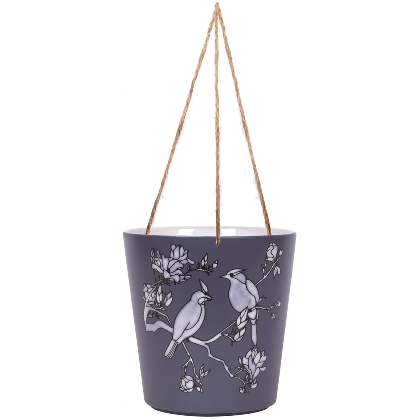 Blue Sky Clayworks 6.5" Hanging Bird Blue Planter, Ceramic, 7" x 6" x 5", Slate Night, Perching Pair & Blooms