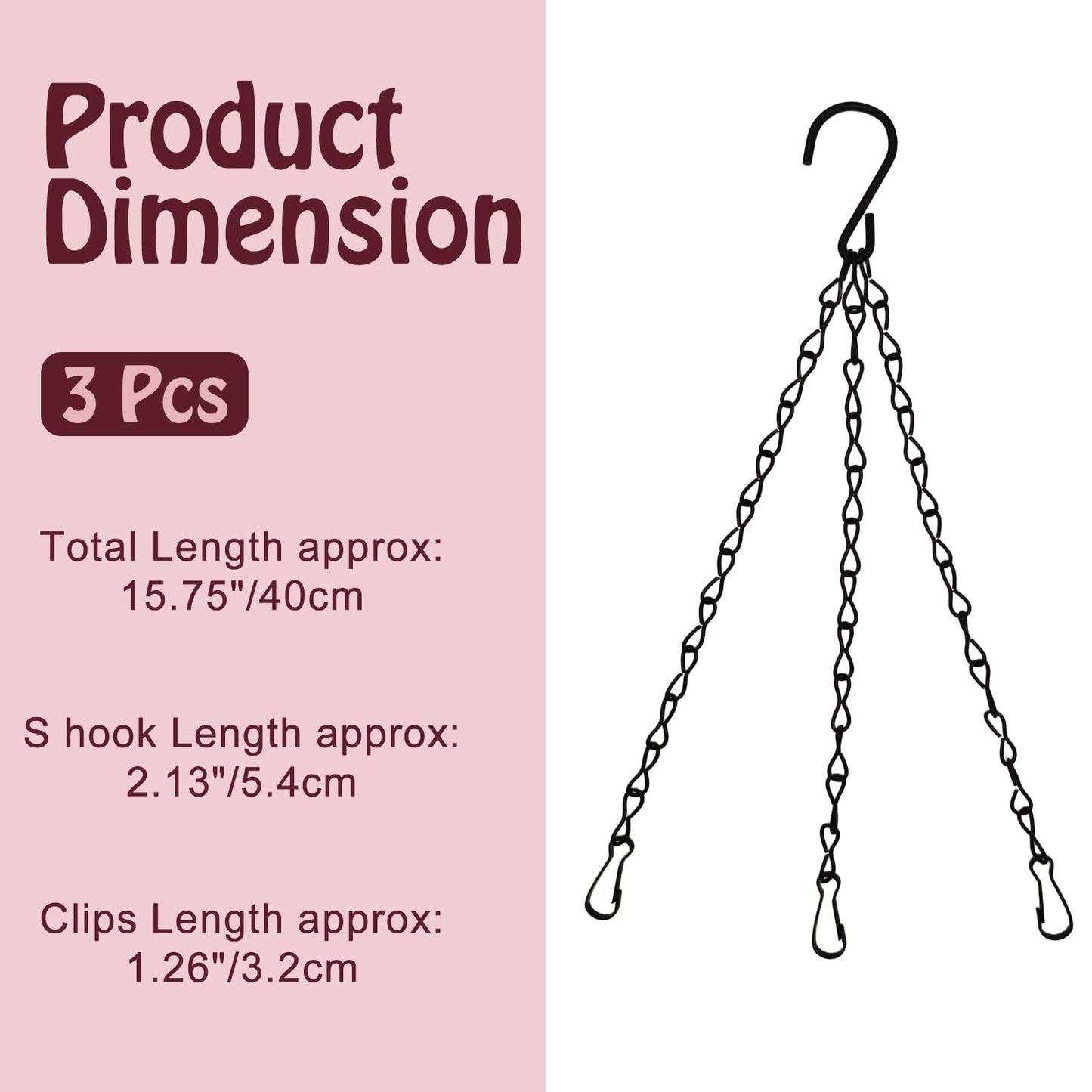 suiwotin 3pcs 16 Inch Hanging Basket Chains 3 Point, Black Chain with Hooks for Hanging Plants, Flower Pot