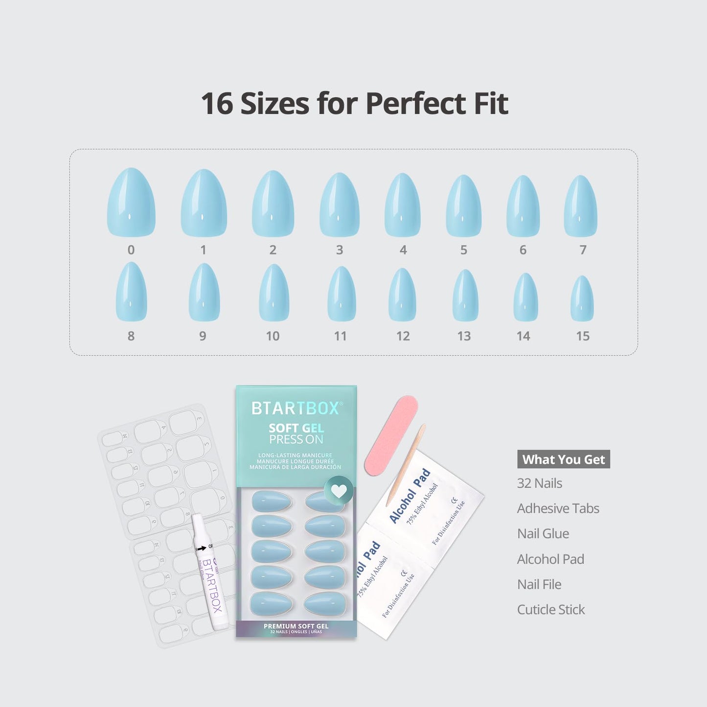 BTArtbox Press On Nails Short - Pastel Light Blue Almond Press On Nails with Glue for Women, Opaque Soft Gel Glue On Nails in 16 Sizes - 32 Stick On Nails Kit, Sky Dash