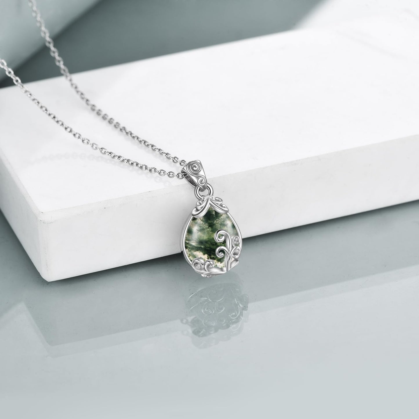 POPLYKE Sterling Silver Moss Agate Filigree Teardrop Pendant Necklace Gemstone Crystal Jewelry for Women