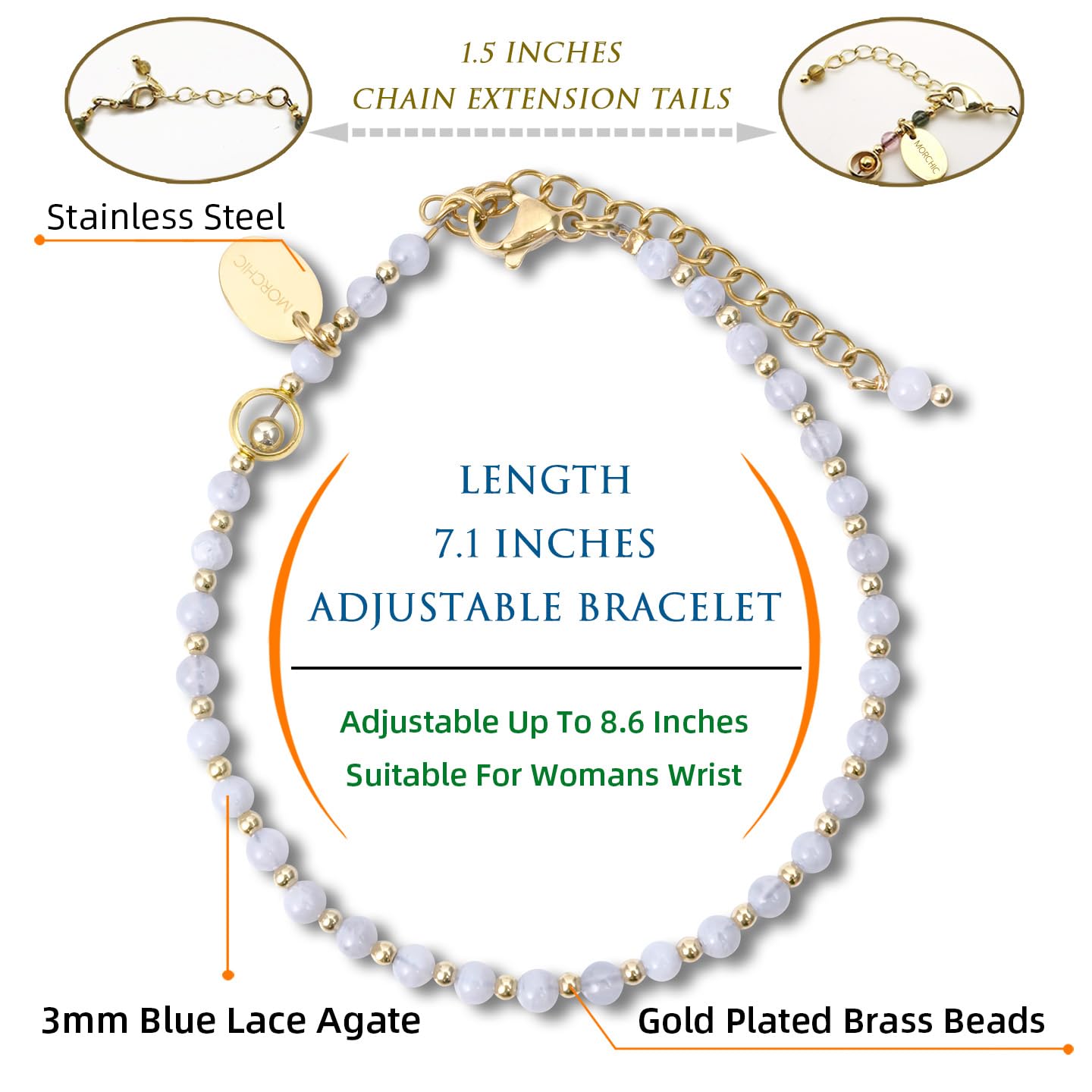 Morchic 3mm Blue Lace Agate Natural Gemstone Beaded Bracelet for Women, Dainty Tiny Charm Jewelry, Adjustable 7.1-8.6", Ideal Birthday Holiday Gift
