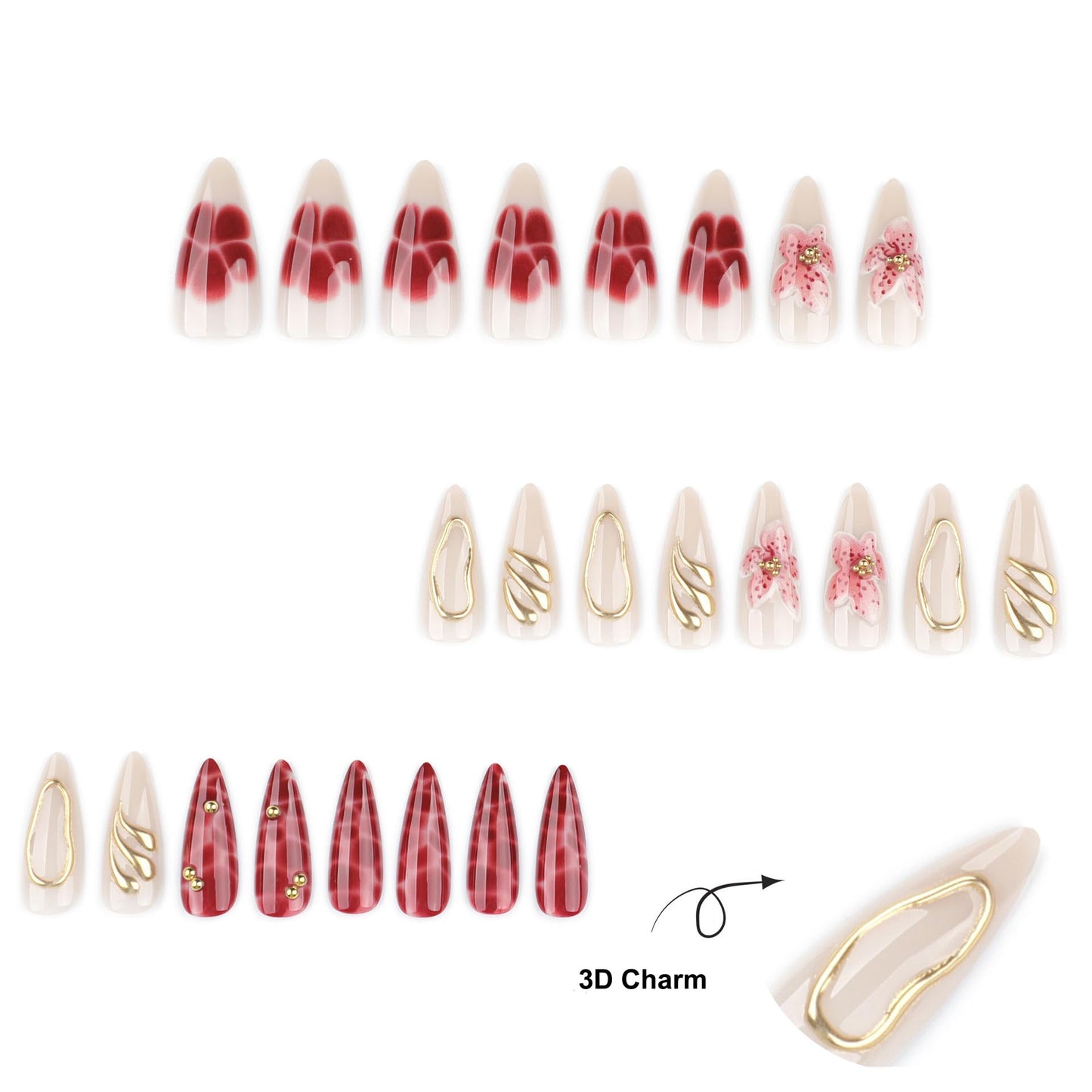 plalely Long Press on Nails Almond, Acrylic Press on Nails with Flower Designs, Long Almond Nail Tips for Women 24pcs