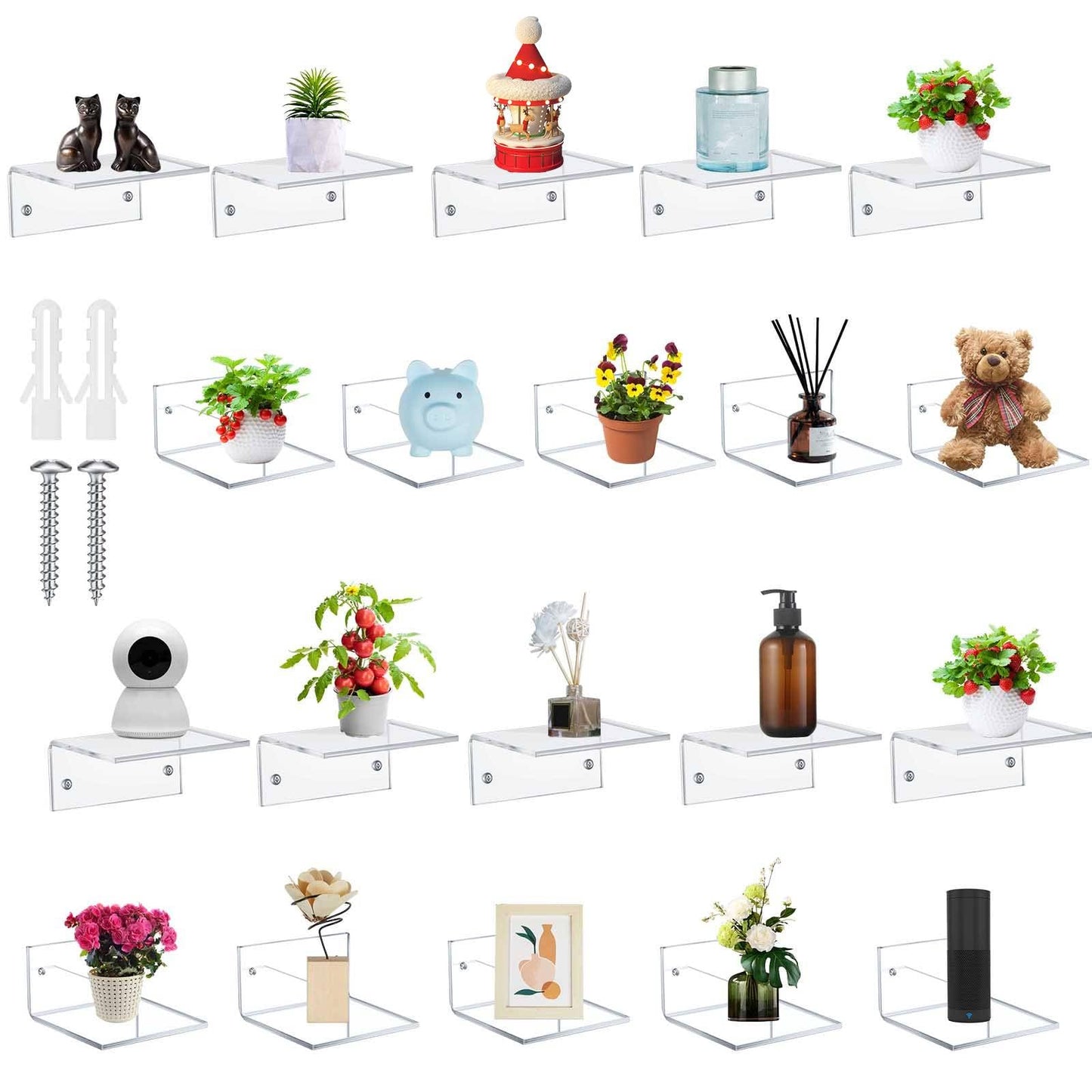 Juexica Small Acrylic Floating Shelves for Wall Adhesive Wall Mounted Shelves for Bathroom, Bedroom, Living Room, Office (White,20 Pcs)