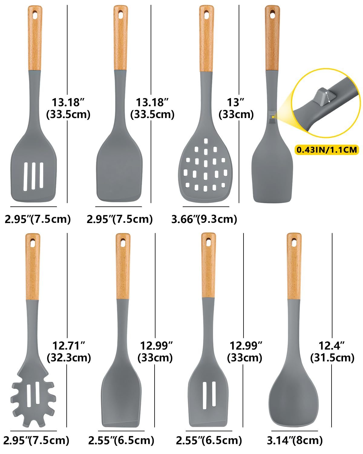 Silicone Kitchen Utensil Set for Non Stick Cookware, 7 Pcs Heat Resistant Cooking Utensils with Wooden Handle, BPA Free Kitchen Tools with Spatulas, Spoons, Skimmer and Pasta Fork (GRAY)