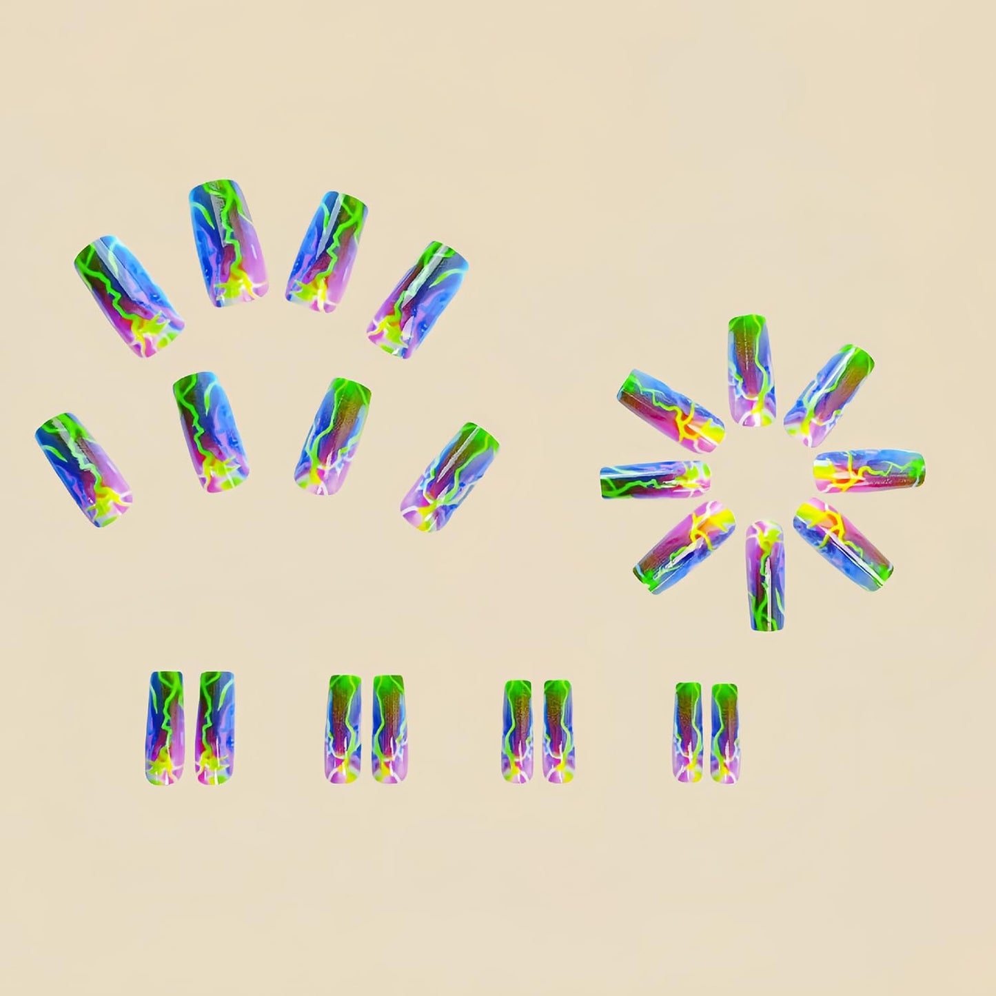 Press On Medium Square Aurora Green Lightning Design False Nails - Full Cover Artificial Acrylic Coffin Nails - Reusable Glue On DIY Stick On Nails for Women - 24Pcs