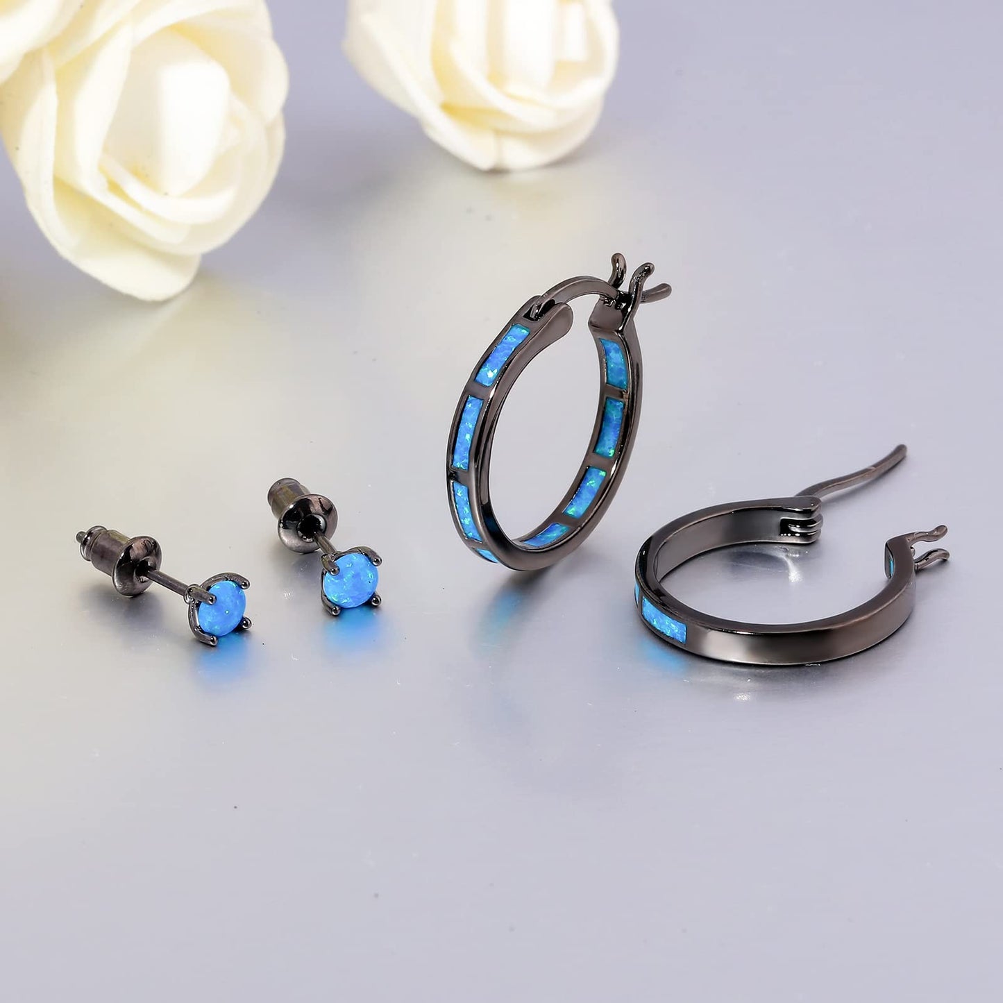 CiNily 2 Pairs Stud Hoop Earring Set,Dark Blue Opal Hoop Earring 14K Black Gold Plated Hypoallergenic Small Stud Earrings for Women Men Jewelr
