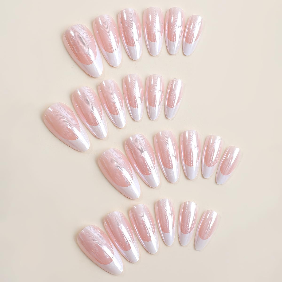 French Tip Press on Nails Medium Almond Fake Nails Press ons with Designs Chrome False Nails Glossy Full Cover Glue on Nails Shiny Acrylic Stick on Nail for Women Nail Decoration 24Pcs