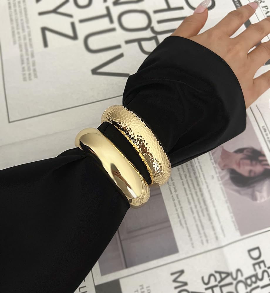 Chunky Gold Bangle Bracelets for Women, Dainty 14k Gold Plated Big Stackable Bangles Set, Trendy Statement Cuff Bracelet Stack Fashion Jewelry Gifts (2 Chunky bangles)