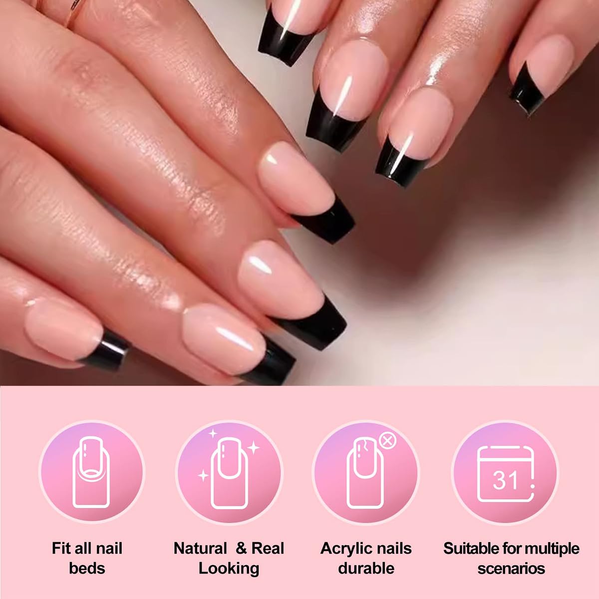 120 Pcs French Tip Press on Nails Medium Square Fake Nails Black French Nails Press on Medium Glossy Nude Acrylic Nails Full Cover Artificial False Nails Glue on Nails with Adhesive Tabs for Women