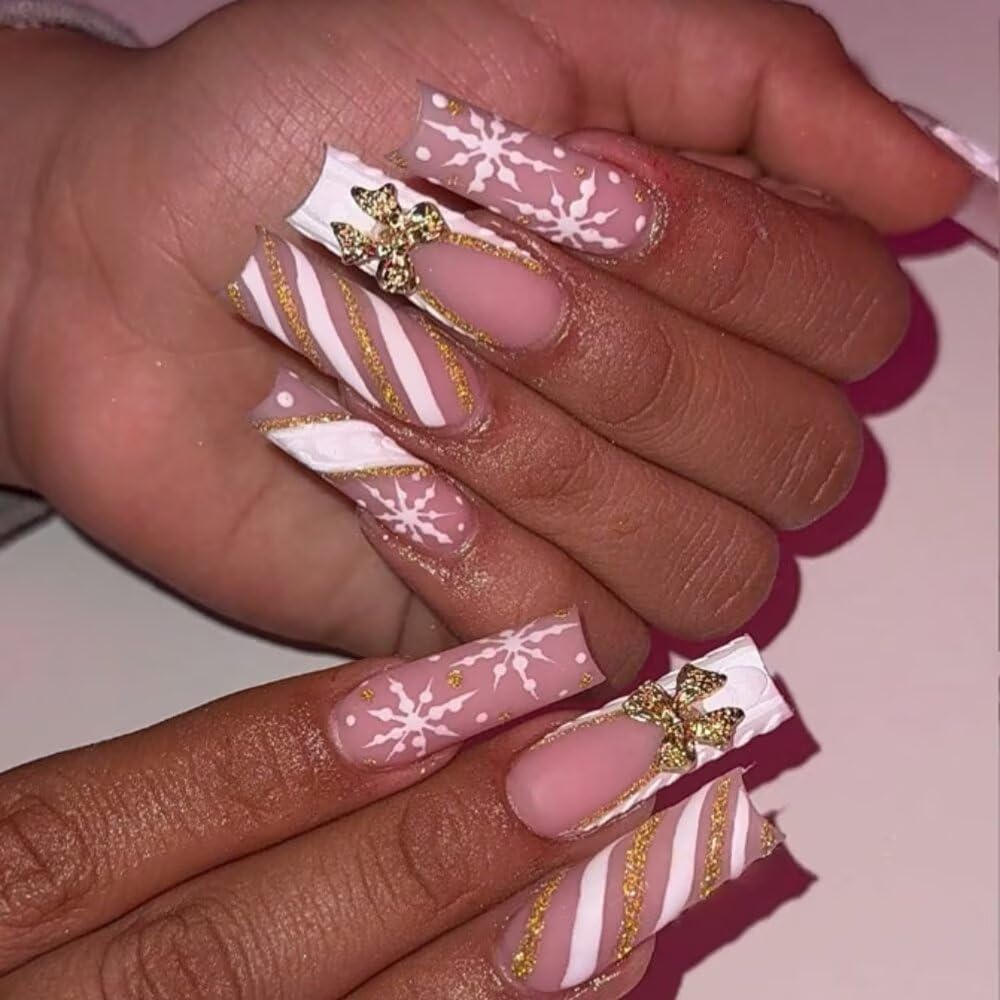 MAGLFELL Press On Nails Handmade Square Fake Nails, Painting Snowflakes and Gold Plated Bow Design,10 Pcs Reusable ABS Material Acrylic Fingernail Tip Salon Artificial Nails Kit (Size M)